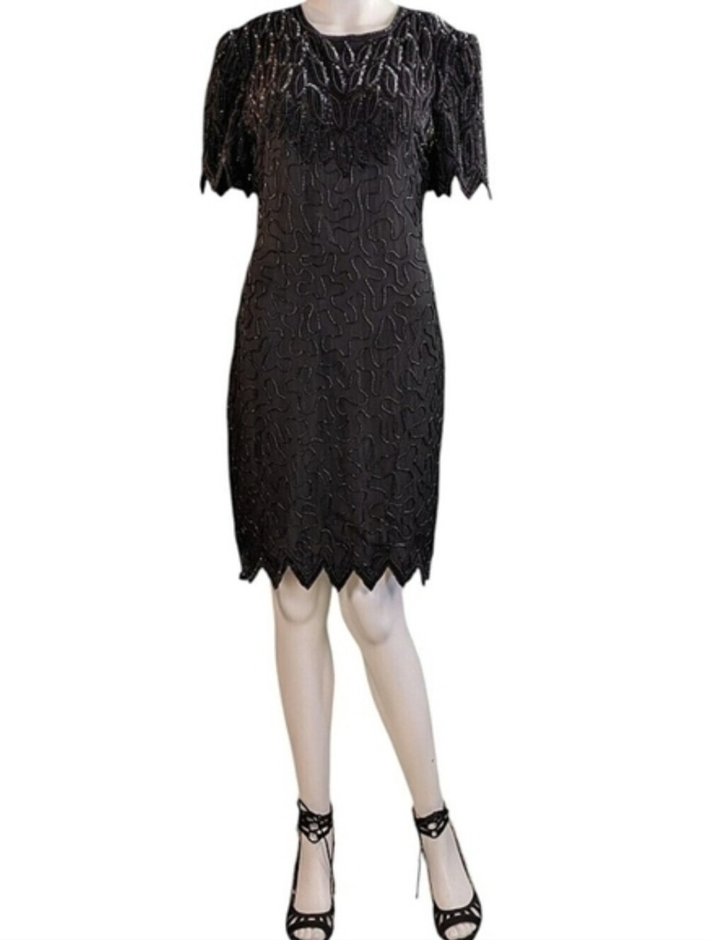 Vintage Laurence Kazar Beaded Silk Cocktail Dress 90s BEAUTIFUL! - Picture 3 of 17